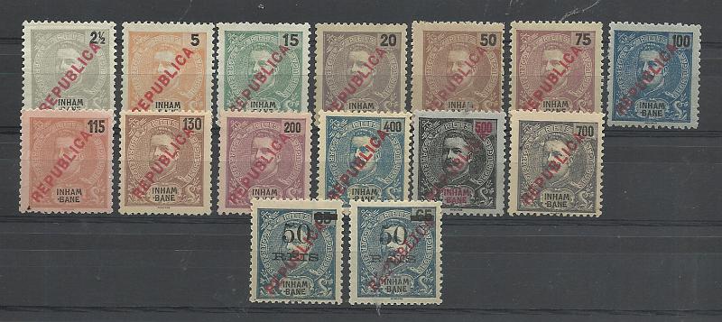 1539.jpg -     Lote:    1539            Inhambane       Descrição:         1914/18 &mdash; D. Carlos I, com sobrecarga REPUBLICA tipografada localmente + idem da Casa da Moeda. Lote com três séries: CE87 + CE88 + CE89/101. Valor de catálogo &euro; 126,60.         *       Valor Base:     &euro; 24,00     Valor Venda:     &euro;      