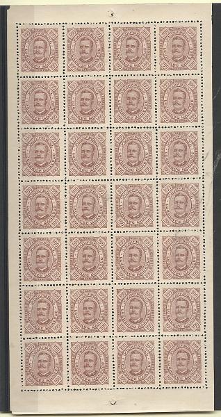 1542.jpg -     Lote:    1542            Lourenço Marques       Descrição:         1892/94 &mdash; D. Carlos I tipo Diogo Neto. CE10, 100 reis castanho e amarelo. Folha completa com 28 selos, em denteado 12 &frac12;. Valor de catálogo &euro; 226,80.         *       Valor Base:     &euro; 65,00     Valor Venda:     &euro;      