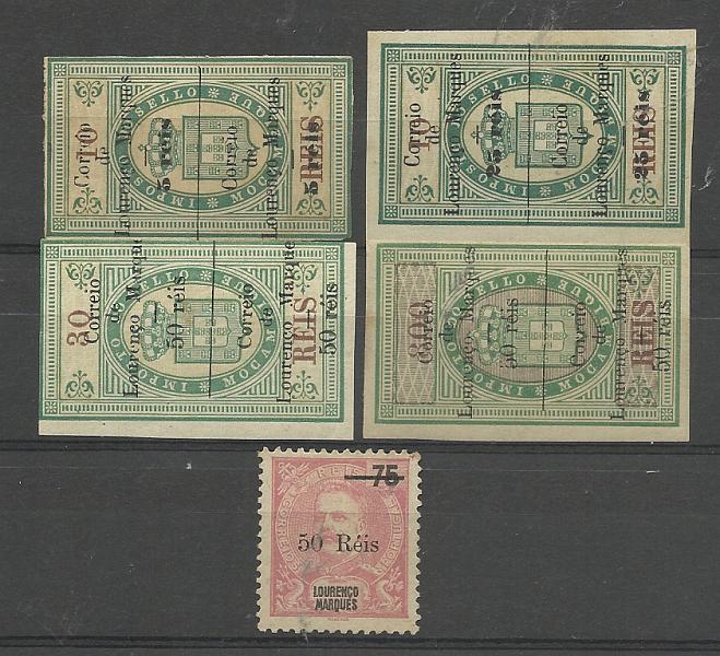 1547.jpg -     Lote:    1547            Lourenço Marques       Descrição:         1899 &mdash; Selos fiscais de Moçambique, com sobretaxa + D. Carlos I, com sobretaxa. CE47/50 + CE51. Valor de catálogo &euro; 97,00.         **/*       Valor Base:     &euro; 20,00     Valor Venda:     &euro;      