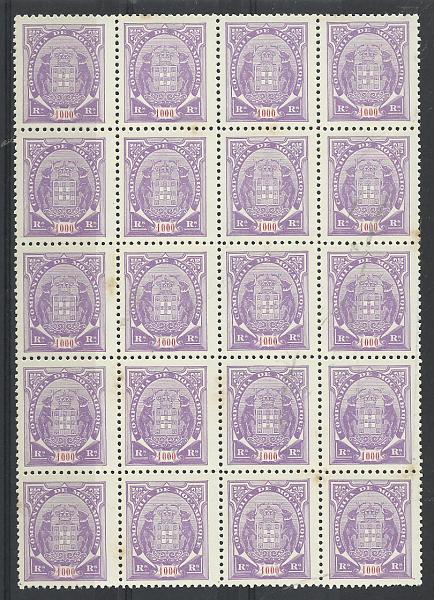 1555.jpg -     Lote:    1555            Companhia de Moçambique       Descrição:         1895 &mdash; Tipo Elefantes. CE25, 1000 reis, violeta claro. Bloco de 20 selos sem goma. Valor de catálogo &euro; 54,00.         *       Valor Base:     &euro; 15,00     Valor Venda:     &euro;      
