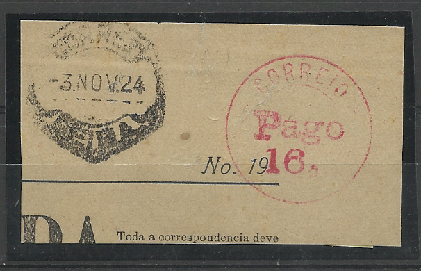 1559.jpg -     Lote:    1559            Companhia de Moçambique       Descrição:         1924/25 &mdash; Selos fixos de recurso. Fragmento de jornal com franquia paga por meio de carimbo "PAGO" de 16c batido a vermelho, circulado da Beira (03.11.24). Selo de recurso utilizado na falta de selos na época.         FRG       Valor Base:     &euro; 15,00     Valor Venda:     &euro;      