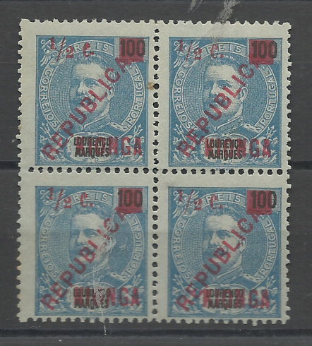 1561.jpg -     Lote:    1561            Kionga       Descrição:         1916 &mdash; Selos de D. Carlos I, tipo Mouchon, de Lourenço Marques, com sobretaxa. CE1, &frac12; c s/ 100 reis. Quadra. Valor de catálogo &euro; 72,00.         *       Valor Base:     &euro; 15,00     Valor Venda:     &euro;      