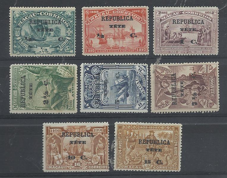 1564.jpg -     Lote:    1564            Tete       Descrição:         1913 &mdash; 4.º Centenário do Descobrimento do Caminho Marítimo para a Índia, com sobrecarga REPUBLICA e sobretaxa, sobre selos de África e Macau.. CE 1/8 + 9/16. Séries completas. Valor de catálogo &euro; 86,00.         *       Valor Base:     &euro; 12,00     Valor Venda:     &euro;      