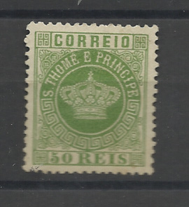 1571.jpg -     Lote:    1571            São Tomé e Príncipe       Descrição:         1870/77 &mdash; Tipo Coroa. CE6, 50 reis, denteado 12 &frac12;, papel espesso. Valor de catálogo &euro; 50,00.         *       Valor Base:     &euro; 12,00     Valor Venda:     &euro;      