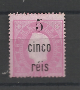 1573.jpg -     Lote:    1573            São Tomé e Príncipe       Descrição:         1889/91 &mdash; D. Luís I, fita direita, com sobretaxa. CE25, 5 s/ 20 reis rosa. Valor de catálogo &euro; 76,00.         *       Valor Base:     &euro; 20,00     Valor Venda:     &euro;      