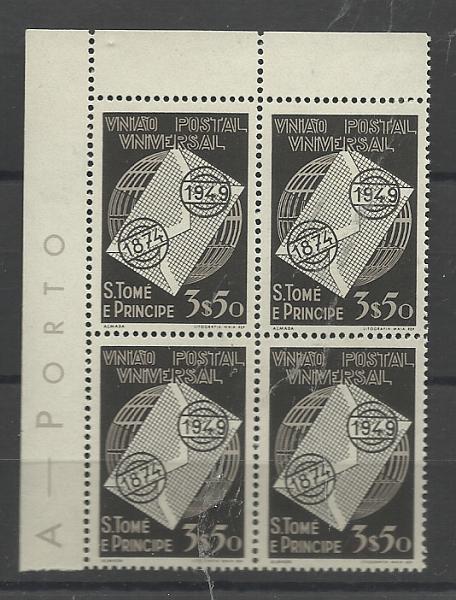 1588.jpg -     Lote:    1588            São Tomé e Príncipe       Descrição:         1949 &mdash; 75.º Aniversário da União Postal Universal. CE348, 3$50 preto. Quadra. Valor de catálogo &euro; 64,00.         ***       Valor Base:     &euro; 20,00     Valor Venda:     &euro;      