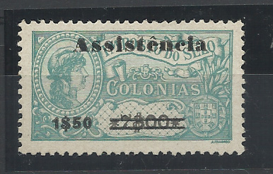 1599.jpg -     Lote:    1599            São Tomé e Príncipe       Descrição:         1946 &mdash; Imposto Postal. ASSISTENCIA. Selos fiscais de África, com sobretaxa. CE IP11, 1$50 s/ 7$00 tipo I, com acento. Valor de catálogo &euro; 26,00.         *       Valor Base:     &euro; 10,00     Valor Venda:     &euro;      