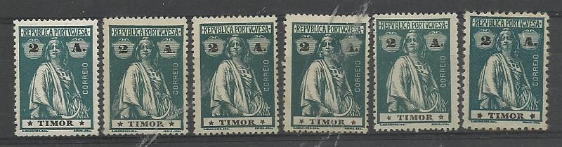 1605.jpg -     Lote:    1605            Timor       Descrição:         1913 &mdash; Ceres. CE164, 2 avos verde. Lote de 6 selos: um em papel porcelana denteado 15x14 estrelas I/I + idem papel pontinhado posições I/I, I/II, II/I, e IV/I + um selo em denteado 12x11 &frac12;, posições das estrelas III/IVI. Valor de catálogo &euro; 70,20.         ***/**       Valor Base:     &euro; 25,00     Valor Venda:     &euro;      