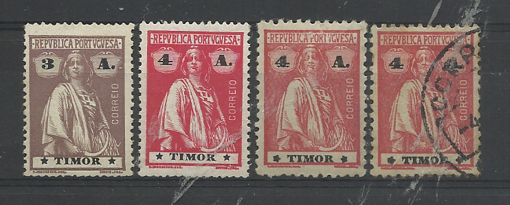 1606.jpg -     Lote:    1606            Timor       Descrição:         1913 &mdash; Ceres. CE165/166, 3 e 4 avos. Lote composto por selo de 3 avos denteado 15x14, papel porcelana + selo de 4 avos em papel porcelana, denteado 15x14 estrelas I/I + selos em denteados 12x11 &frac12; estrelas III/IV e III/III. Valor de catálogo &euro; 51,10.         ***/O       Valor Base:     &euro; 8,00     Valor Venda:     &euro;      