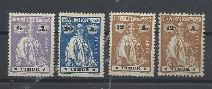1607.jpg -     Lote:    1607            Timor       Descrição:         1913 &mdash; Ceres. Lote de 4 selos: CE167, 6 avos papel porcelana, denteado 15x14 + CE168, 10 avos, papel porcelana, denteado 15x14 + dois selos CE169, 12 avos: um em denteado 15x14, papel porcelana estrelas I/I e outro em papel liso, denteado 12x11 &frac12; estrelas III/IV.         **       Valor Base:     &euro; 8,00     Valor Venda:     &euro;      