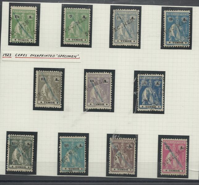 1614.jpg -     Lote:    1614            Timor       Descrição:         1923 &mdash; Ceres. CE192/202. Selos com sobrecarga oblíqua a preto "SPECIMEN" e anulados com traço a lápis azul.         *       Valor Base:     &euro; 30,00     Valor Venda:     &euro;      