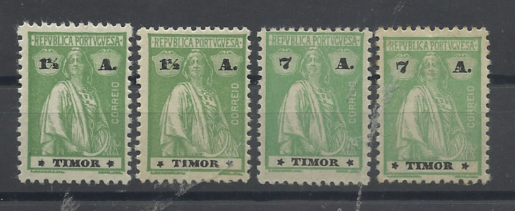 1615.jpg -     Lote:    1615            Timor       Descrição:         1923 &mdash; Ceres. CE192/193, 1 &frac12; e 7 avos. Lote de quatro selos: 2xCE192 com estrelas III/IV e II/IV + dois selos CE193 estrelas III/IV e III/III. Valor de catálogo &euro; 54,50.         **       Valor Base:     &euro; 20,00     Valor Venda:     &euro;      