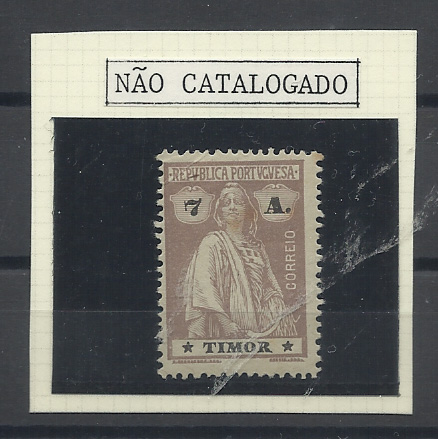 1616.jpg -     Lote:    1616            Timor       Descrição:         1923 &mdash; Ceres. CE193, 7 avos. Selo com erro de cor: castanho em vez de verde, estrelas I/I, denteado 15x14, papel liso médio lustrado. Não catalogado.         **       Valor Base:     &euro; 50,00     Valor Venda:     &euro;      