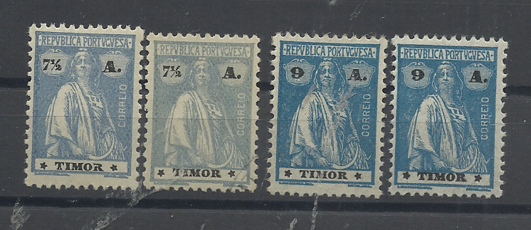 1618.jpg -     Lote:    1618            Timor       Descrição:         1923 &mdash; Ceres. CE194/195, 7 &frac12; e 9 avos. Lote de quatro selos: 2xCE194 com estrelas III/IV e II/IV + dois selos CE195 estrelas III/IV e III/III. Valor de catálogo &euro; 64,60.         ***       Valor Base:     &euro; 25,00     Valor Venda:     &euro;      