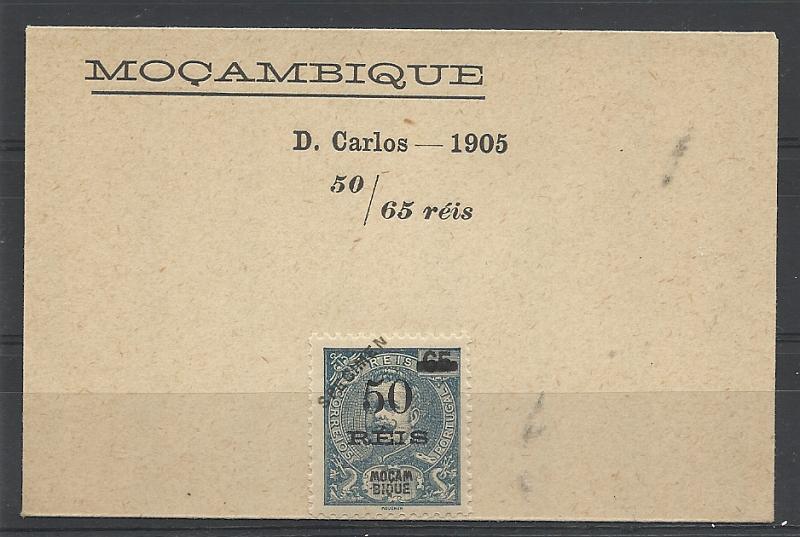 1970.jpg -     Lote:    1970            Moçambique       Descrição:         Reimpressões de 1905. 1905 &mdash; D. Carlos I, com sobretaxa. CE102, 50 s/ 65 reis azul. Selo original com sobrecarga "SPECIMEN", distribuído com as reimpressões. Acompanha sobrescrito impresso referente à série.         R**       Valor Base:     &euro; 20,00     Valor Venda:     &euro;      