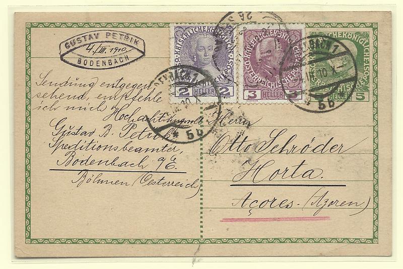 1976.jpg -     Lote:    1976                   Descrição:         Áustria &mdash; Franz Josef. Inteiro Postal de 5h circulado de Bodenbach (04.03.10) para a Horta, com selos adicionais de 2 e 3h SC111/112.         IC       Valor Base:     &euro; 10,00     Valor Venda:     &euro;      