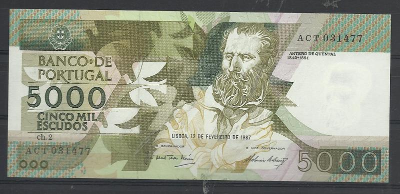 2049.jpg -     Lote:    2049                   Descrição:         1987 &mdash; Antero de Quental. Nota de 5000$00, chapa 2 de 12.09.1987. Nova.         NT       Valor Base:     &euro; 40,00     Valor Venda:     &euro;      