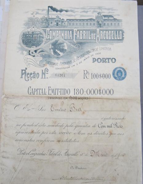2052.jpg -     Lote:    2052                   Descrição:         Companhia Fabril do Arcozelo. Título representativo de uma acção de 100$000 reis, datada de 1902.         DOC       Valor Base:     &euro; 15,00     Valor Venda:     &euro;      