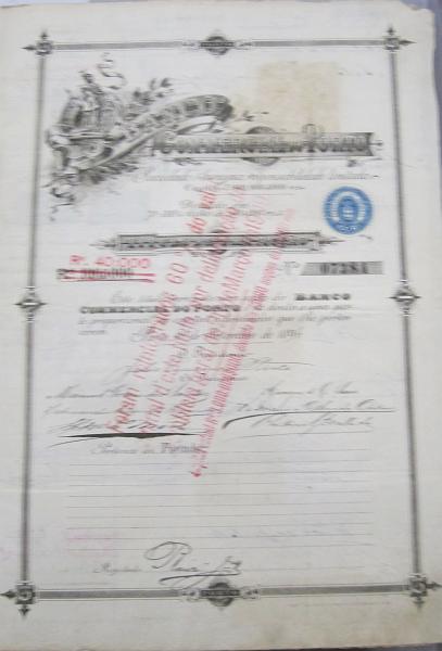 2055.jpg -     Lote:    2055                   Descrição:         Banco Comercial do Porto. Título de uma acção de 1894, no valor de 100$00 reis e desvalorizada para 40$000 reis. Carimbo batido a vermelho.         DOC       Valor Base:     &euro; 20,00     Valor Venda:     &euro;      