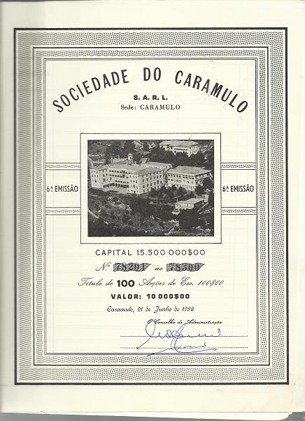 2056.jpg -     Lote:    2056                   Descrição:         Sociedade do Caramulo, SARL. Lote com dois títulos representativos de uma e 100 acções de valor nominal de 100$00.         DOC       Valor Base:     &euro; 15,00     Valor Venda:     &euro;      