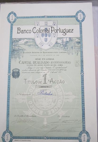 2058.jpg -     Lote:    2058                   Descrição:         Banco Colonial Português. Título representativo de uma acção de 100$00         DOC       Valor Base:     &euro; 12,00     Valor Venda:     &euro;      