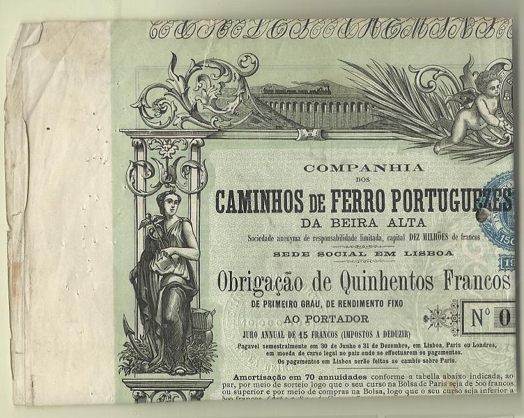 2060.jpg -     Lote:    2060                   Descrição:         1907 &mdash; Companhia dos Caminhos de Ferro Portugueses da Beira Alta. Obrigação de 500FF emitida em 25.01.1907, com CTO de 150 reis (1907).         DOC       Valor Base:     &euro; 25,00     Valor Venda:     &euro;      