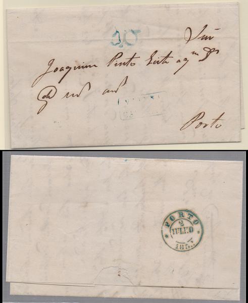 0002.jpg -     Lote:    2      J. M. Castanheira da Silveira (1ª parte)      Porteado       Descrição:         1853 &mdash; Porteado. Carta remetida de Viana do Castelo em 1 de Julho de 1853 (1.º dia da era adesiva) para o Porto (02.07.53) sem selo de franquia, foi porteada pela 2.ª tabela (porte a pagar) com 40 reis batido a azul. MR.         Carta       Valor Base:     &euro; 150,00     Valor Venda:     &euro; 420,00       