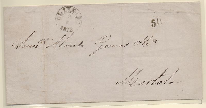 0006.jpg -     Lote:    6      J. M. Castanheira da Silveira (1ª parte)      Porteado       Descrição:         1872 &mdash; Porteado. Segundo período. Carta remetida de Oliveira (09.06.72) para Mértola com porte a pagar. Foi porteada com o dobro do 1.º porte com selo fixo de 50 reis batido a preto.         Carta       Valor Base:     &euro; 12,00     Valor Venda:     &euro; 44,00       