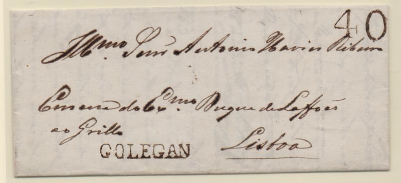 0008.jpg -     Lote:    8      J. M. Castanheira da Silveira (1ª parte)      Porteado       Descrição:         1859 &mdash; Porteado. Primeiro período ª 2.ª tabela. Carta remetida da Golegã (07.11.53) para Lisboa (09.11.53) com porte a pagar. Foi porteada em 40 reis. Selo fixo batido a preto. Carimbo nominativo batido a preto de "GOLRGAN".         Carta       Valor Base:     &euro; 40,00     Valor Venda:     &euro; 380,00       