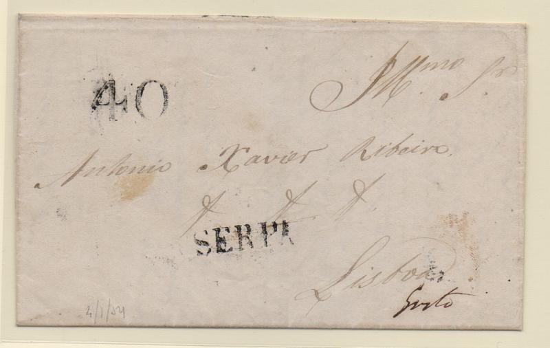 0009.jpg -     Lote:    9      J. M. Castanheira da Silveira (1ª parte)      Porteado       Descrição:         1859 &mdash; Porteado. Primeiro período ª 2.ª tabela. Carta remetida de Serpa (04.01.54) para Lisboa com porte a pagar. Foi porteada em 40 reis. Selo fixo batido a preto. Carimbo nominativo batido a preto de "SERPA".         Carta       Valor Base:     &euro; 20,00     Valor Venda:     &euro; 42,00       
