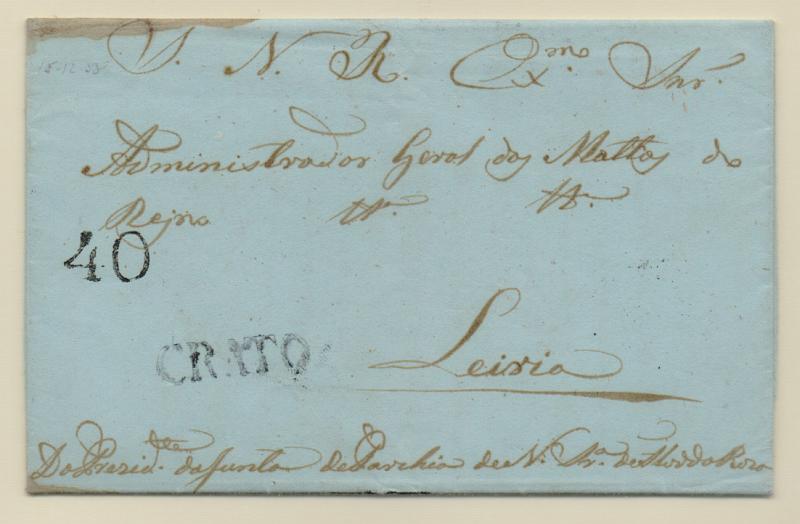 0011.jpg -     Lote:    11      J. M. Castanheira da Silveira (1ª parte)      Porteado       Descrição:         1859 &mdash; Porteado. Primeiro período ª 2.ª tabela. Carta remetida do Crato (15.12.55) para Leiria com trânsito por Lisboa (23.12.55), com presumível isenção de porte. Não tendo sido esta considerada foi porteada com o primeiro porte de cartas não franquiadas (selo fixo de 40 reis batido a preto). Carimbo nominativo batido a preto "CRATO".         Carta       Valor Base:     &euro; 20,00     Valor Venda:     &euro; 150,00       