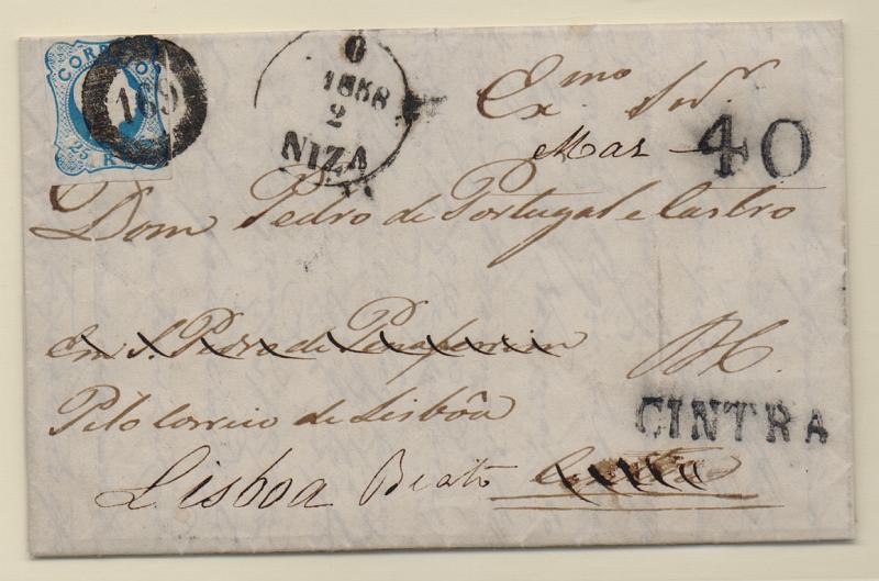 0012.jpg -     Lote:    12      J. M. Castanheira da Silveira (1ª parte)      Porteado       Descrição:         1858 &mdash; Porteado. 1856/58 &mdash; D. Pedro V, cabelos anelados. CE12 (linhas duplas), 25 reis azul, com margens curtas em carta circulada de Niza (06.02.1858) para Cintra, sendo daí reexpedida para Lisboa 809.02.58). Pela reexpedição foi porteada com 40 reis por falta de selo de franquia. Carimbo numérico da 1.ª reforma tipo 20 barras "169 &mdash; NIZA) mais raríssimo carimbo circular datado de Niza + carimbo nominativo de "CINTRA". Peça de grande raridade e beleza.         Carta       Valor Base:     &euro; 250,00     Valor Venda:     &euro; 1 800,00       