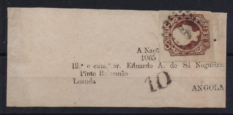 0013.jpg -     Lote:    13      J. M. Castanheira da Silveira (1ª parte)      Porteado       Descrição:         1856/58 &mdash; Porteado, selos fixos. D. Pedro V, cabelos anelados. CE10, 5 reis castanho, com margens excepcionais em cinta do jornal "A Nação" circulado para Luanda. Porteado em 10 reis (selo fixo a preto) por insuficiência de franquia.         CNT       Valor Base:     &euro; 250,00     Valor Venda:     &euro; 1 400,00       