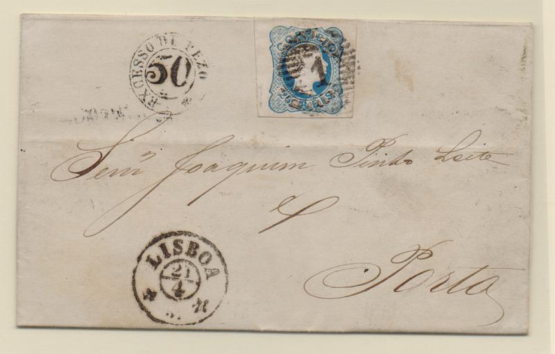 0015.jpg -     Lote:    15      J. M. Castanheira da Silveira (1ª parte)      Porteado       Descrição:         1858 &mdash; Porteado. 1856/58 &mdash; D. Pedro V, cabelos anelados. CE12 (linhas duplas), 25 reis azul, com margens largas, em carta remetida de Lisboa (21.04.57) para o Porto. Foi porteada com o dobro do porte em falta (2.º porte), por excesso de peso. Carimbo de duplo círculo batido a preto "EXCESSO DE PEZO / 50".         Carta       Valor Base:     &euro; 50,00     Valor Venda:     &euro; 480,00       