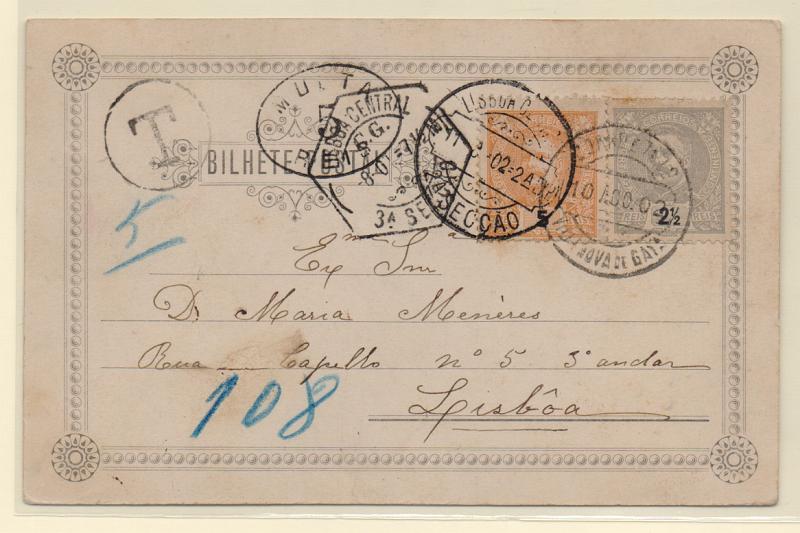 0019.jpg -     Lote:    19      J. M. Castanheira da Silveira (1ª parte)      Porteado       Descrição:         1902 &mdash; Porteado. Selos fixos de Lisboa. Postal ilustrado circulado de Vila Nova de Gaia (10.08.02) para Lisboa com selo tipo D. Carlos I Mouchon de 2 &frac12; e 5 reis. Estando em falta 2 &frac12; reis de franquia foi porteado com o dobro do porte em falta com selo fixo oval batido a preto "MULTA / 5 / REIS". MB e R.         PI       Valor Base:     &euro; 30,00     Valor Venda:     &euro; 120,00       