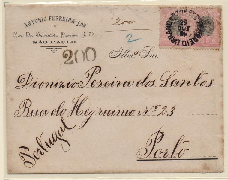 0029.jpg -     Lote:    29      J. M. Castanheira da Silveira (1ª parte)      Porteado       Descrição:         1895 &mdash; Porteado. Selos fixos. Carta remetida ds São Paulo (20.10.95) para o Porto, insuficientemente franquiada. Foi porteada em 200 reis com selo fixo batido a preto.         Carta       Valor Base:     &euro; 20,00     Valor Venda:     &euro; 28,00       