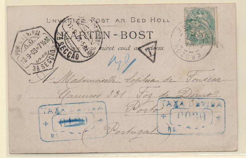 0031.jpg -     Lote:    31      J. M. Castanheira da Silveira (1ª parte)      Porteado       Descrição:         1903 &mdash; Porteado. Selos fixos do Porto. Postal ilustrado circulado de Paris para o Porto (12.09.03) apenas com selo de 5c. Foi porteado inicialmente por erro com selo fixo batido a azul "TAXA COBRADA / 0130 / RECEBIDA" e emendado com selo fixo também batido a azul "TAXA COBRADA / 0030 / RECEBIDA".         PI       Valor Base:     &euro; 20,00     Valor Venda:     &euro; 130,00       