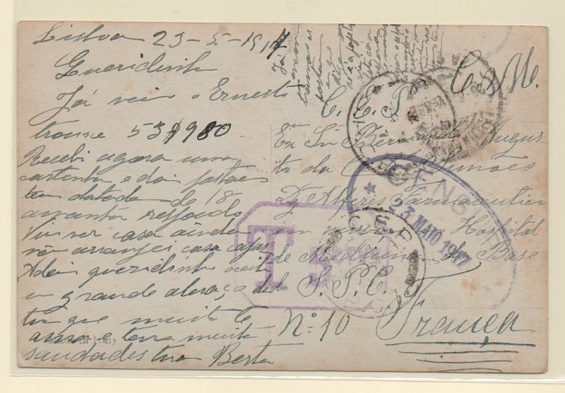 0032.jpg -     Lote:    32      J. M. Castanheira da Silveira (1ª parte)      Porteado       Descrição:         1914 &mdash; Porteado. Selos fixos. Postal ilustrado circulado de Lisboa (21.05.17) para o SPC10 em França. Inicialmente isento de franquia, por ter utilizado espaços não destinados à correspondência foi porteado como carta com selo fixo batido a violeta "T 5 CTVS".         PI       Valor Base:     &euro; 50,00     Valor Venda:     Retirado     