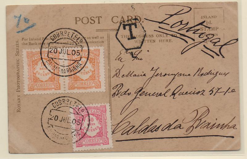 0045.jpg -     Lote:    45      J. M. Castanheira da Silveira (1ª parte)      Porteado       Descrição:         1904 &mdash; Porteado. Emissão regular. Valor em reis. Postal ilustrado circulado de Inglaterra (14.07.05) para as Caldas da Rainha (20.07.05) com selo de 1p. Por terem sido utilizados espaços não destinados a correspondência foi considerado como carta e porteado com o dobro do porte em falta com selos de 2x10 e 50 reis CE POR 8 e 12.         PI       Valor Base:     &euro; 25,00     Valor Venda:     &euro; 36,00       