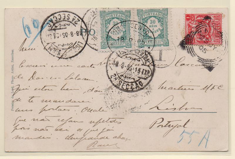 0048.jpg -     Lote:    48      J. M. Castanheira da Silveira (1ª parte)      Porteado       Descrição:         1904 &mdash; Porteado. Emissão regular. Valores em reis. CE POR10, 30 reis verde. Postal ilustrado circulado de Zanzibar (15.07.05) com selo 1 anna, para Lisboa (18.08.05). Por ter sido utilizado espaço não destinado à correspondência foi porteado pelo dobro do porte em falta com dois selos de 30 reis.         PI       Valor Base:     &euro; 20,00     Valor Venda:     &euro; 55,00       