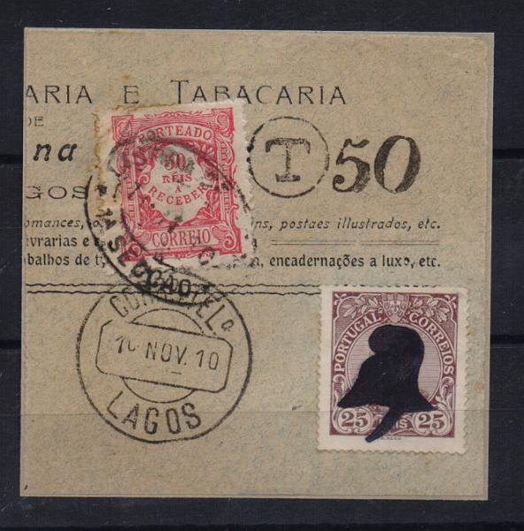0050.jpg -     Lote:    50      J. M. Castanheira da Silveira (1ª parte)      Porteado       Descrição:         1904 &mdash; Porteado. Emissão regular. Valor em reis. CE POR12, 50 reis rosa. Fragmento de sobrescrito com selo de 25 reis tipo D. Manuel II CE161, circulado de Lagos (10.11.10) para Lisboa (11.11.10). Tendo sido desenhado sobre o selo um barrete frígio, foi o selo considerado nulo e o sobrescrito porteado no dobro do porte em falta.         FRG       Valor Base:     &euro; 50,00     Valor Venda:     &euro; 280,00       