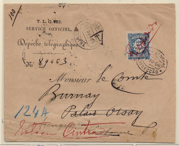 0053.jpg -     Lote:    53      J. M. Castanheira da Silveira (1ª parte)      Porteado       Descrição:         1904 &mdash; Porteado. Emissão regular. Valores em reis. Sobrescrito circulado de Paris (17.10.08) para Lisboa (21.10.08) onde foi porteado com 100 reis por falta de franquia. Foi reexpedido para Sintra (22.10.08) com a indicação manuscrita a vermelho sobre o selo "REEXPEDIDO".         Carta       Valor Base:     &euro; 50,00     Valor Venda:     &euro; 50,00       