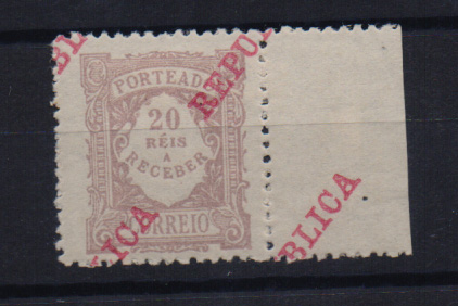 0058.jpg -     Lote:    58      J. M. Castanheira da Silveira (1ª parte)      Porteado       Descrição:         1911 &mdash; Porteado. Emissão regular. Valor em reis, com sobrecarga REPUBLICA. CE POR16, 20 reis lilás claro. Selo com a sobrecarga muito deslocada.         ***       Valor Base:     &euro; 8,00     Valor Venda:     &euro; 16,00       