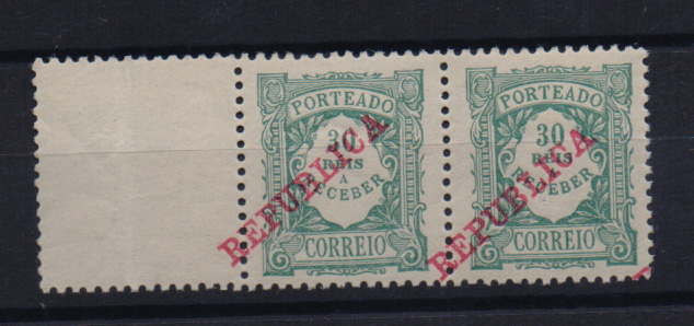 0060.jpg -     Lote:    60      J. M. Castanheira da Silveira (1ª parte)      Porteado       Descrição:         1911 &mdash; Porteado. Emissão regular. Valor em reis, com sobrecarga REPUBLICA. CE POR17, 30 reis verde. Par horizontal com a sobrecarga deslocada.         ***       Valor Base:     &euro; 12,00     Valor Venda:     &euro; 12,00       
