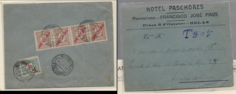 0063.jpg -     Lote:    63      J. M. Castanheira da Silveira (1ª parte)      Porteado       Descrição:         1911 &mdash; Porteado. Emissão regular. Valor em reis, com sobrecarga REPUBLICA. Sobrescrito circulado de Belas para Aveiras de Cima (20.09.16) sem franquia. Foi porteado no dobro do porte em falta 2 &frac12; C x 2) = 5C = 50 reis) com tira de 4 selos de 5 reis + selo de 30 reis CE POR14 e 16        Carta       Valor Base:     &euro; 15,00     Valor Venda:     &euro; 34,00       