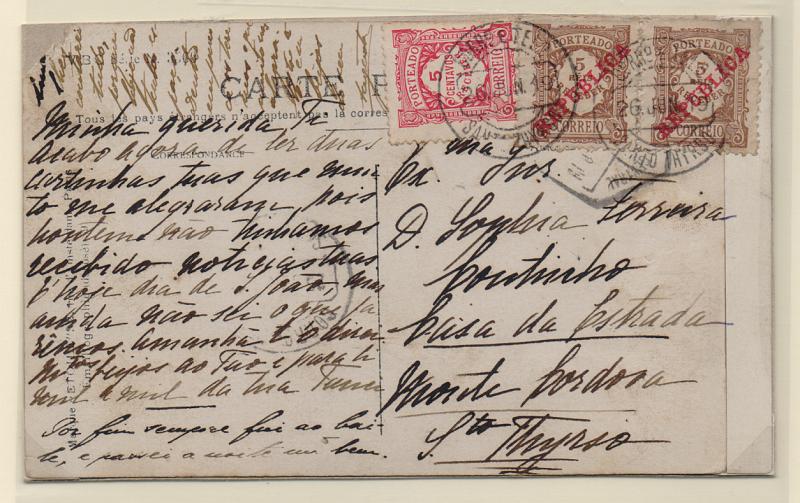 0064.jpg -     Lote:    64      J. M. Castanheira da Silveira (1ª parte)      Porteado       Descrição:         1904/1911 &mdash; Porteado. Emissão regular. Valor em reis, com sobrecarga REPUBLICA + Emissão regular. Valores em centavos. Postal ilustrado circulado de Santo Tirso, sem franquia, foi porteado com o dobro do porte em falta com 2 selos de 5 reis CE POR14 + selo de 5C CE POR26.         PI       Valor Base:     &euro; 15,00     Valor Venda:     &euro; 15,00       