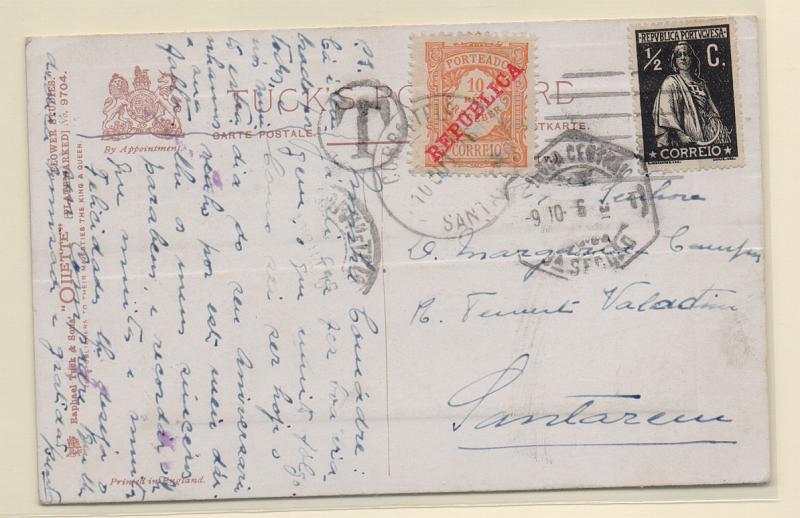 0066.jpg -     Lote:    66      J. M. Castanheira da Silveira (1ª parte)      Porteado       Descrição:         1911 &mdash; Porteado. Emissão regular. Valor em reis, com sobrecarga REPUBLICA. CE POR15, 10 reis laranja. Postal ilustrado circulado de Lisboa (09.10.16) para Santarém com selo tipo Ceres de &frac12; C CE 207. Foi porteado com o dobro do porte em falta (1C &mdash; &frac12; C = &frac12; C x 2 = 1C = 10 reis).         PI       Valor Base:     &euro; 10,00     Valor Venda:     &euro; 24,00       