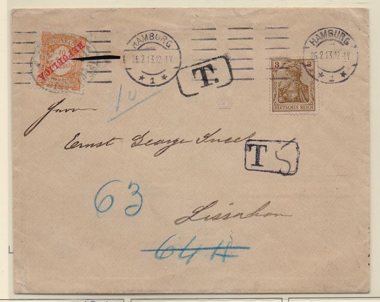 0067.jpg -     Lote:    67      J. M. Castanheira da Silveira (1ª parte)      Porteado       Descrição:         1911 &mdash; Porteado. Emissão regular. Valor em reis, com sobrecarga REPUBLICA. Sobrescrito circulado da Alemanha (26.02.13) para Lisboa com insuficiência de porte. Foi porteado com selo de 10 reis CE POR15.         Carta       Valor Base:     &euro; 15,00     Valor Venda:     &euro; 70,00       