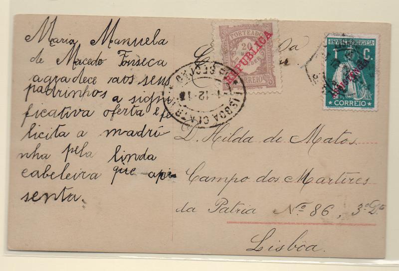 0069.jpg -     Lote:    69      J. M. Castanheira da Silveira (1ª parte)      Porteado       Descrição:         1911 &mdash; Porteado. Emissão regular. Valor em reis, com sobrecarga REPUBLICA. CE POR16, 20 reis lilás claro. Postal ilustrado circulado em Lisboa (01.12.13) com selo do imposto postal tipo Ceres com sobrecarga ASSISTÊNCIA, utilizado como selo do correio ordinário. Sendo considerado nulo foi porteado com o dobro da franquia em falta.         IP       Valor Base:     &euro; 20,00     Valor Venda:     &euro; 70,00       