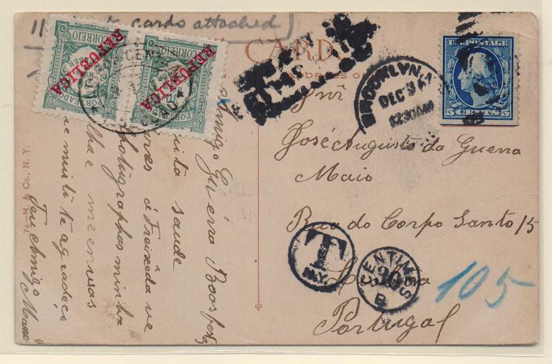 0070.jpg -     Lote:    70      J. M. Castanheira da Silveira (1ª parte)      Porteado       Descrição:         1911 &mdash; Porteado. Emissão regular. Valor em reis, com sobrecarga REPUBLICA. Postal ilustrado circulado dos EUA (31.12.11) para lisboa (13.01.12) com selo de 5c. Foi porteado com o dobro do porte em falta com dois selos de 30 reis CE POR17.         PI       Valor Base:     &euro; 12,00     Valor Venda:     &euro; 16,00       